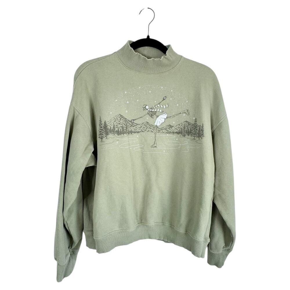 American Eagle AE Green Mock Neck Sweatshirt Skeleton Ice Skating Graphic Size S
